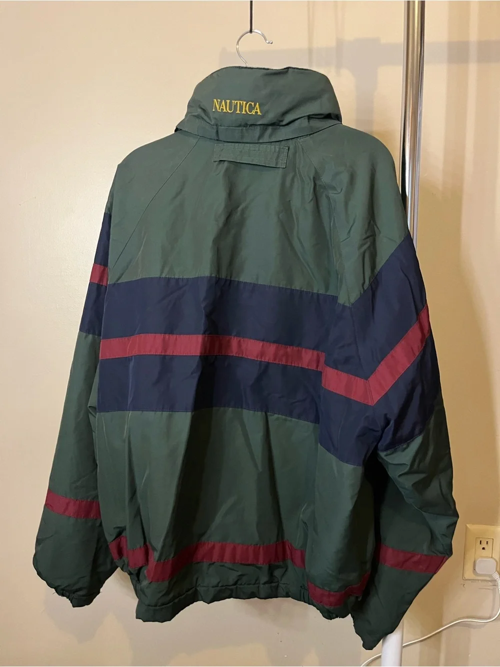 1990s Nautica Green Navy Red Stripe Fleece-Lined Winter Puffer Jacket